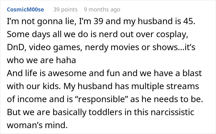 Comment about husband enjoying video games and Star Wars figures despite wife's ban on his hobbies.
