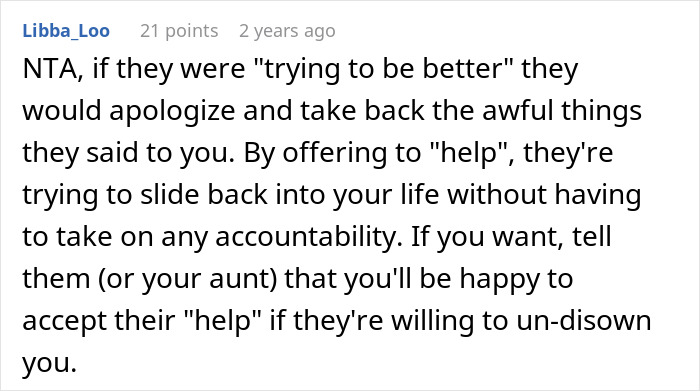 Comment emphasizing parents disowning adult worker daughter and insulting her fiancé while begging for forgiveness years later. Comment emphasizing parents disowning adult worker daughter and insulting her fiancé while begging for forgiveness years later.