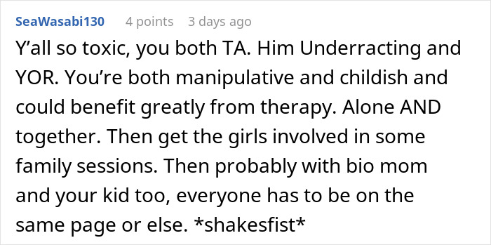 Commenter discussing toxic family dynamics and suggesting therapy to address issues with stepdaughters&rsquo; gift causing strain.