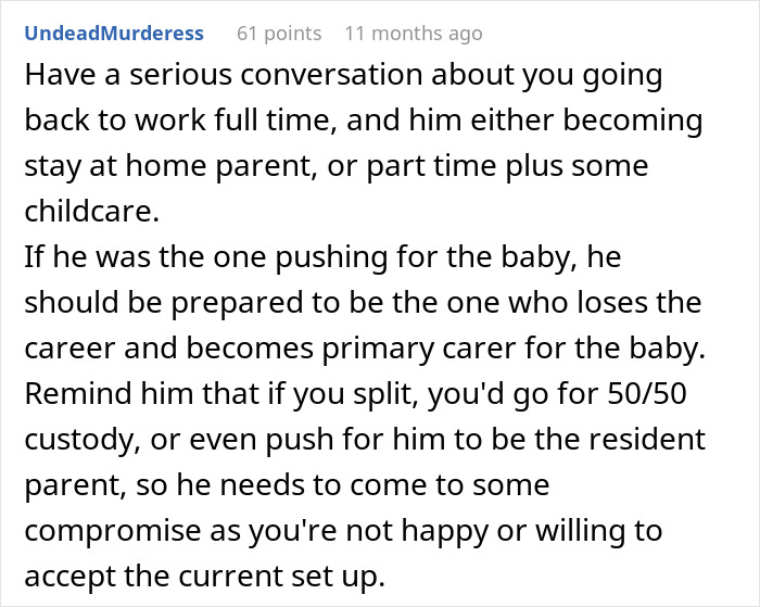 Screenshot of an online comment about caregiving, urging compromise and custody options; mom regrets becoming a parent