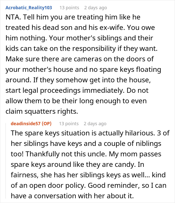 Reddit comments discussing an entitled uncle expecting niece to be his retirement plan and her reaction to his demands.