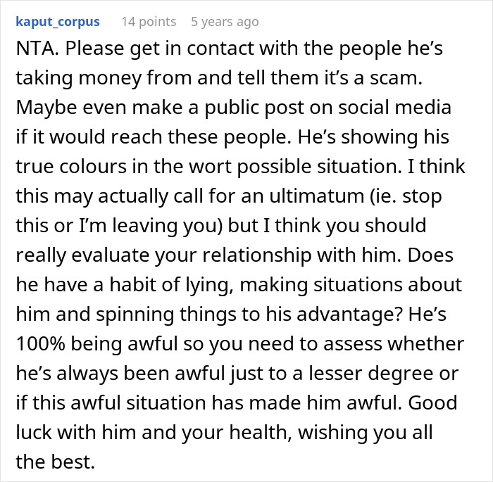 Reddit comment screenshot advising confrontation and warning about husband cancer excuses