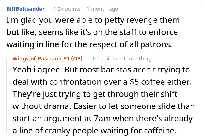 Online discussion about a guy trying to skip the coffee line and another patron outsmarting him in a morning cafe. - 16