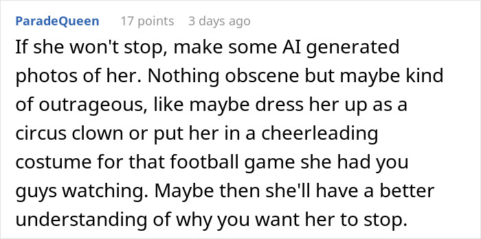 Text showing a comment suggesting making AI-generated images to make a woman uncomfortable by dressing her outrageously.