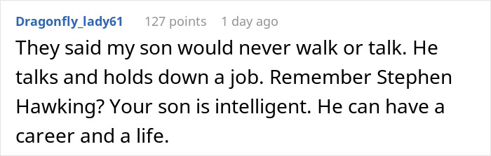 Comment on a forum discussing a wife defending her disabled son&rsquo;s intelligence and potential against claims he hampers normal life.