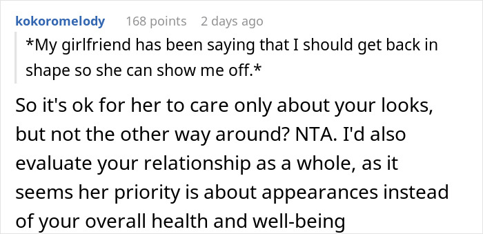 Screenshot of a Reddit comment discussing a woman demanding her swimmer boyfriend look like her friend&rsquo;s partner, focusing on appearances.