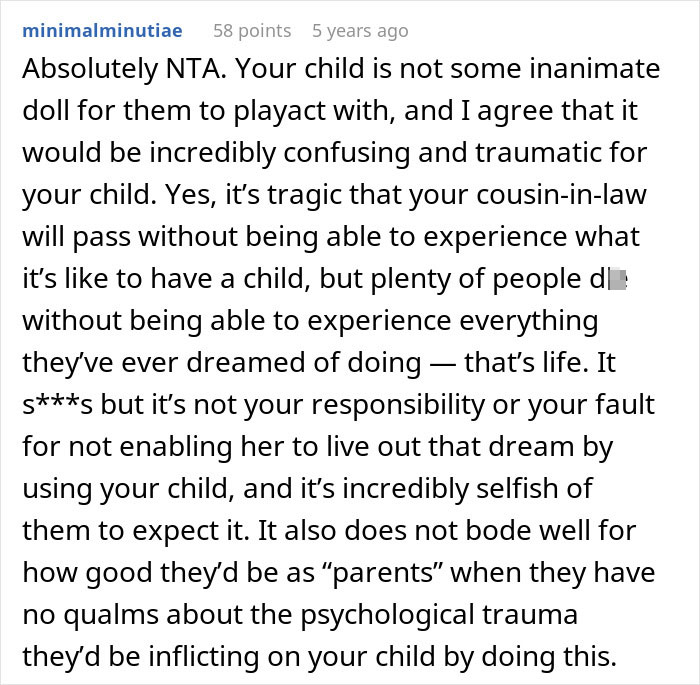 Reddit comment discussing cousin with cancer wanting to borrow baby to experience motherhood and the ethical concerns involved.