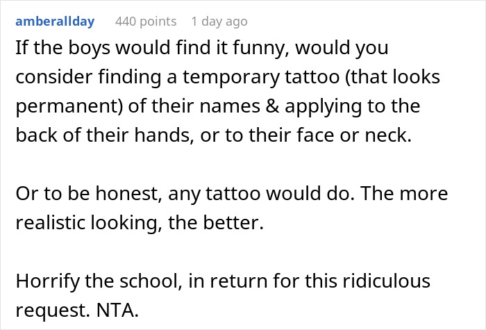 Text comment suggesting temporary tattoos to help distinguish similar twins amid a parent refusing to make twins less similar. Text comment suggesting temporary tattoos to help distinguish similar twins amid a parent refusing to make twins less similar.