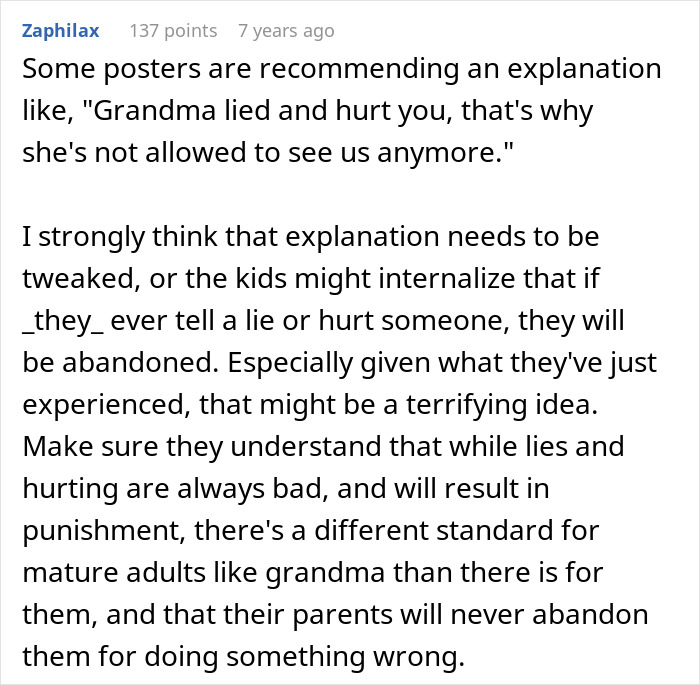 Comment discussing how mil tells kids parents passed away gently to avoid fear and misunderstanding about lies and abandonment.