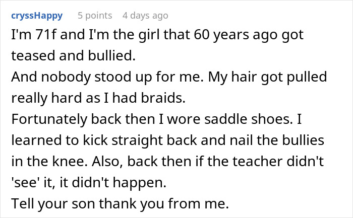 Comment about dad taking son out to celebrate after son punches a bully, discussing bullying experiences and parenting views.