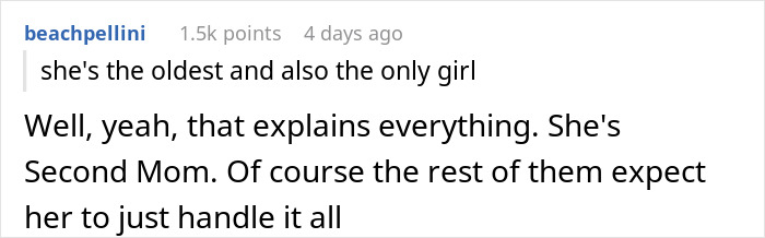 Comment about irate sister handling mom&rsquo;s birthday plans due to brothers being too broke to contribute.