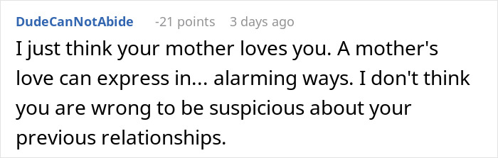Comment expressing suspicion about mother secretly going through girlfriend’s wallet and taking ID photos.