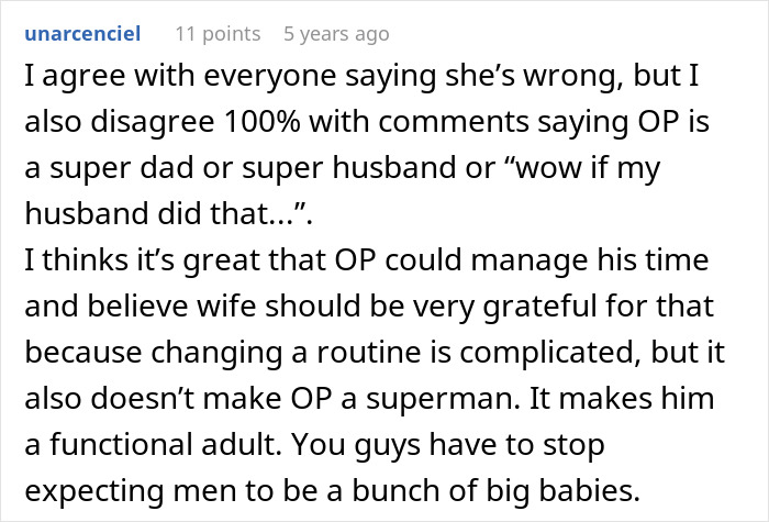 Reddit comment about guy embarrasses wife, defending OP's time management and saying men shouldn't be treated as big babies