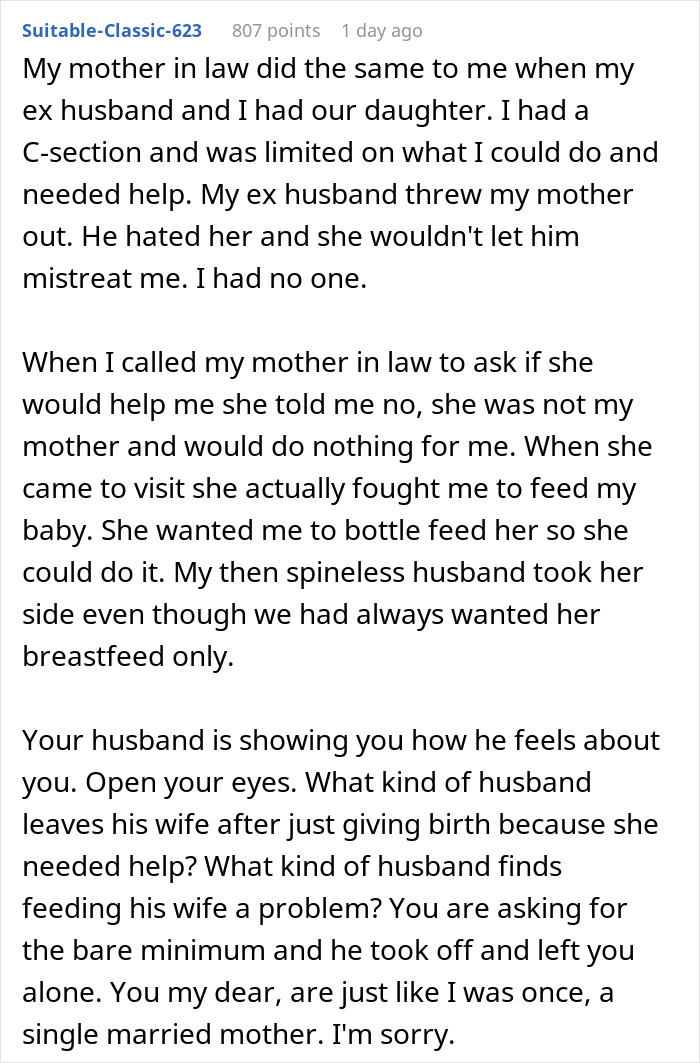 Text post sharing a new mom's experience with unsupportive husband and in-laws not helping with baby care.