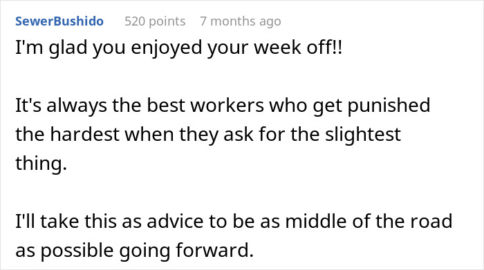 Alt text: User comment reflecting on boss suspending waiter to teach a lesson and the challenges faced by hardworking employees.