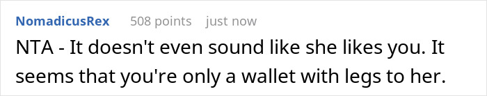 Comment criticizing someone as a wallet with legs, related to stepson, college, family, and money issues.