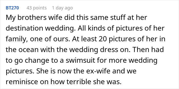 Comment about bride entering new family with drama after excluding sister-in-law from wedding photos on a forum thread.
