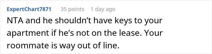 Comment on roommate boyfriend vacation drama discussing apartment keys and lease issues with a roommate&rsquo;s inappropriate behavior.
