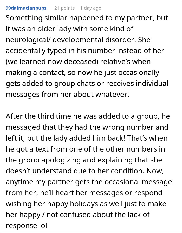 Text conversation describing a man added to random family group chats, becoming emotionally invested over months.