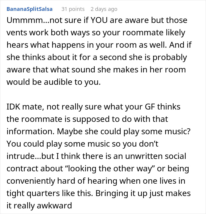 Text comment discussing roommate hearing sounds through vents and the awkwardness of addressing audible moans in shared living spaces.