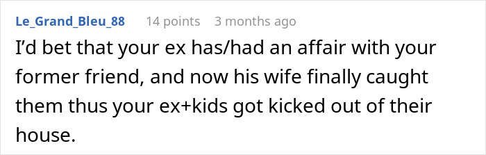 Screenshot of a forum comment discussing issues between a dad, his kids, and family conflicts involving accusations and affairs.