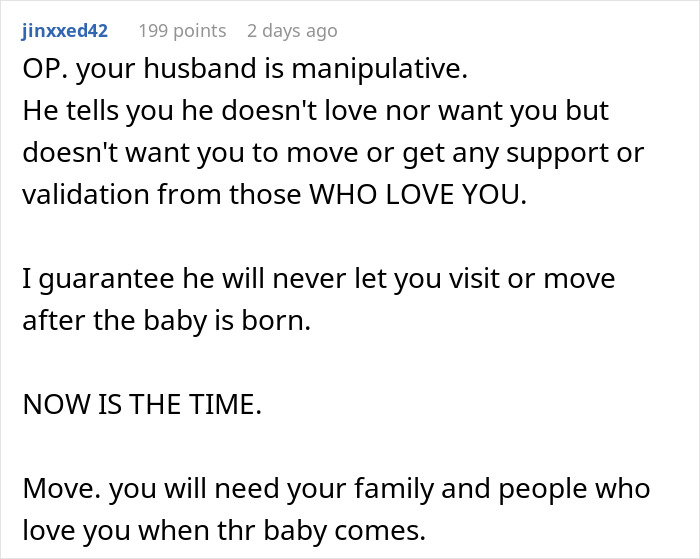 Comment warning about manipulative husband who told pregnant wife he never loved her and refuses support or validation.