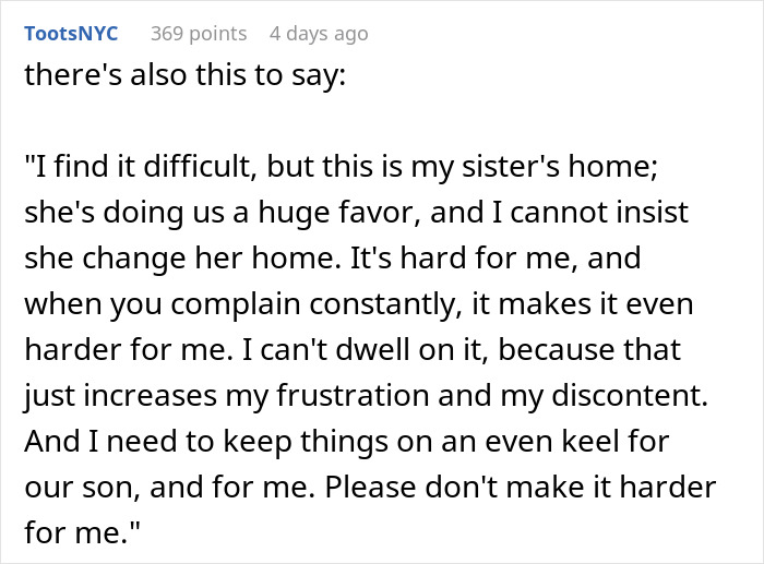 Alt text: Woman keeps complaining about sister-in-law despite staying with her for free, husband feeling annoyed by her behavior. Alt text: Woman keeps complaining about sister-in-law despite staying with her for free, husband feeling annoyed by her behavior.