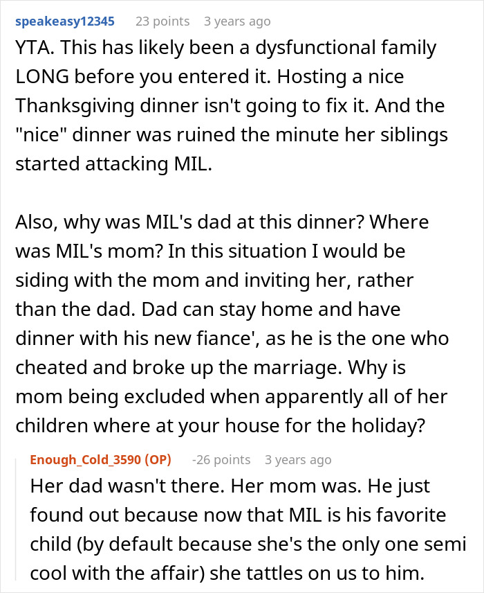 Reddit conversation discussing MIL admitting she paid a wedding planner who slept with her dad and family conflict. Reddit conversation discussing MIL admitting she paid a wedding planner who slept with her dad and family conflict.