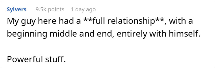 Comment about a guy having a full strange guy relationship bar with himself, highlighting personal growth.