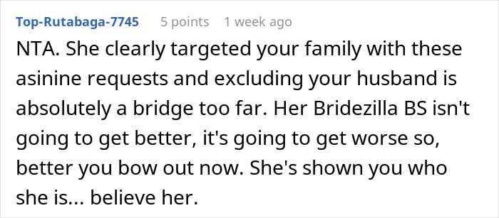 Screenshot of Reddit comment discussing a woman banning best friend&rsquo;s baby and husband from her engagement party.