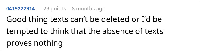 Commenter discussing the impact of missing text messages in a debate about a man considering divorce over validation seeking behavior. - 62