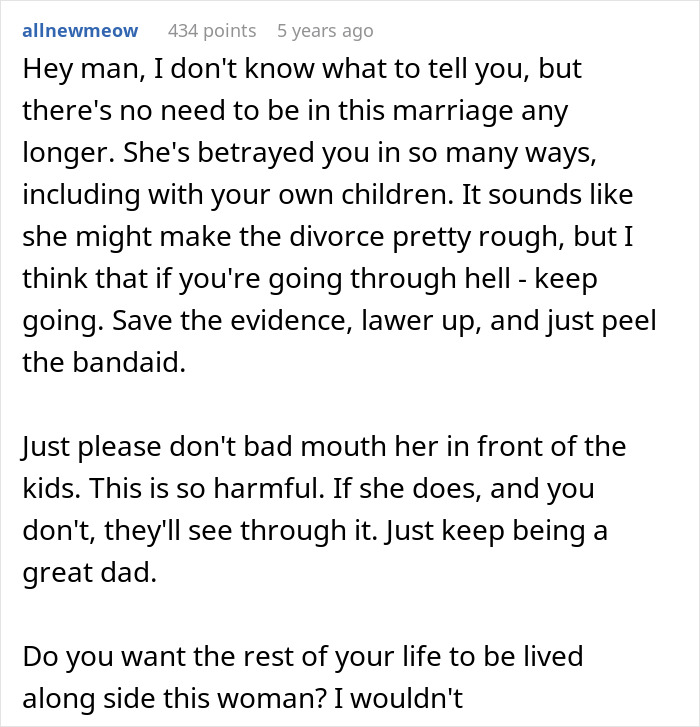 Screenshot of a Reddit comment advising on marriage betrayal and divorce, related to open marriage and reconnecting with an ex.