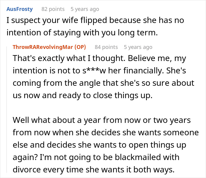 Reddit conversation about wife making husband agree to open marriage to reconnect with her ex.