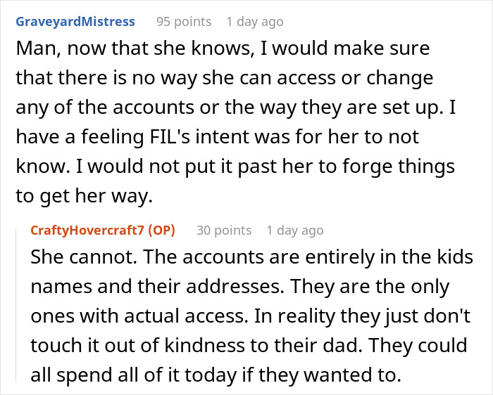 Greedy Mom reaction in Reddit thread screenshot showing commenters debating inheritance accounts and access
