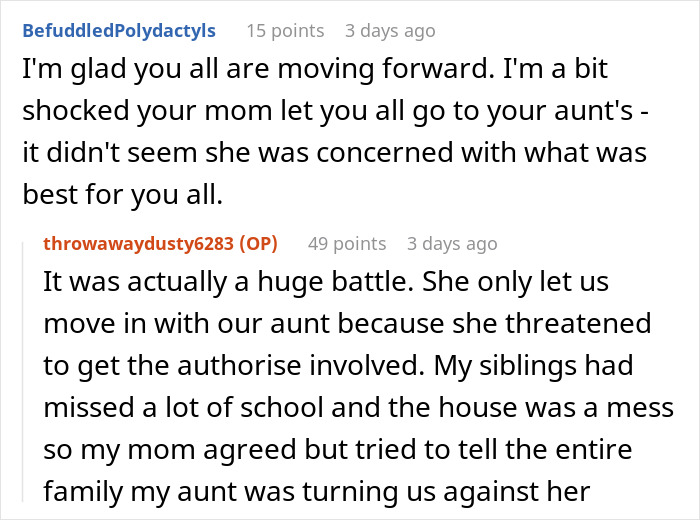 Screenshot of an online conversation about a 20-year-old burned out from managing chores and school, facing conflict with mom.