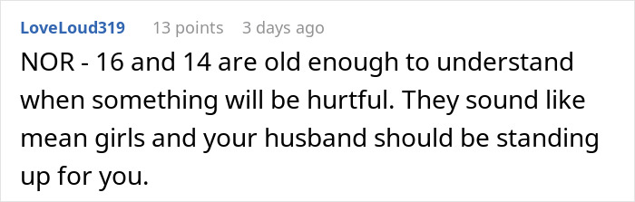 Comment about stepdaughters&rsquo; gift pushing woman to her limits and advice on husband standing up for her.