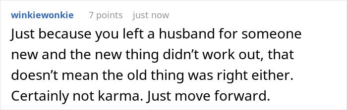 Text post showing a comment about a woman admitting defeat by karma after her affair partner leaves her. Text post showing a comment about a woman admitting defeat by karma after her affair partner leaves her.
