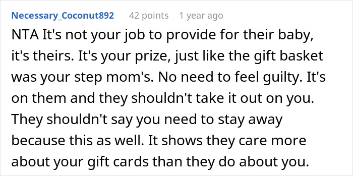 Reddit comment showing stepsister&rsquo;s support for teen called selfish and cruel by stepmom over personal spending.