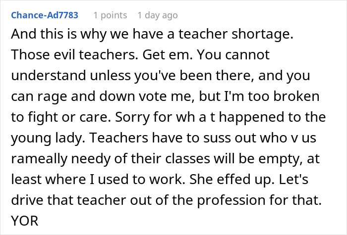 Screenshot of an online comment criticizing a teacher, highlighting a mom&rsquo;s rage after her daughter&rsquo;s emergency was ignored.