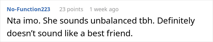 Screenshot of a user comment discussing a woman banning best friend&rsquo;s baby and husband from her engagement party.