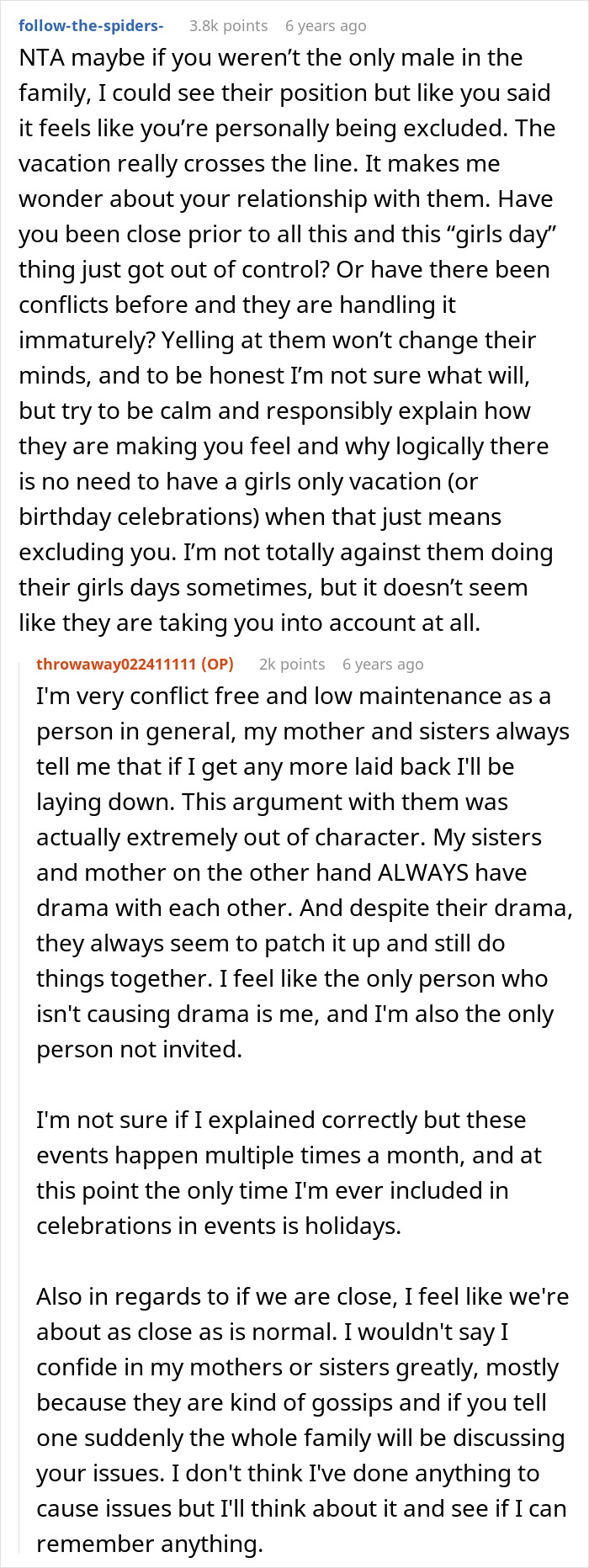 Reddit user discusses feeling excluded from family girls days and struggles with immaturity and personal growth.