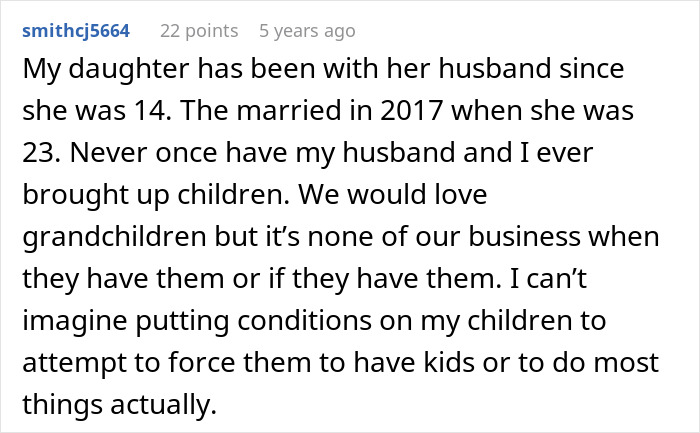 Comment discussing man&rsquo;s parents trying to guilt-trip couple into having kids and threatening disinheritance.