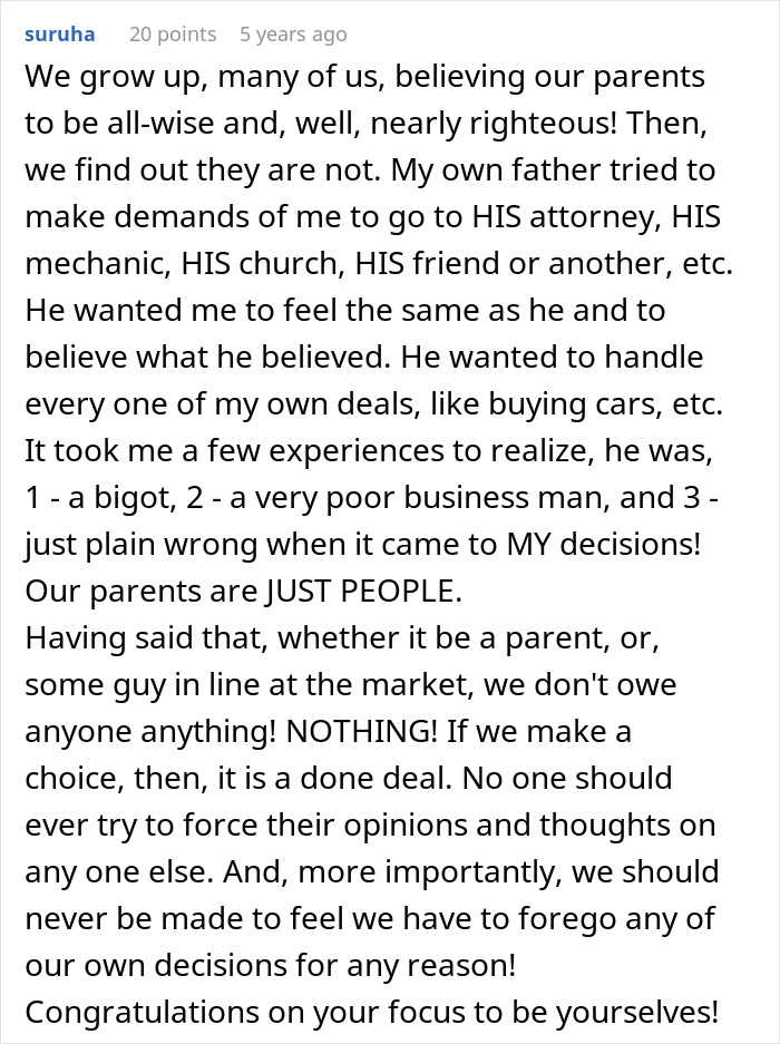 Comment discussing parents trying to guilt-trip couple into having kids and threatening disinheritance, sharing personal experience.