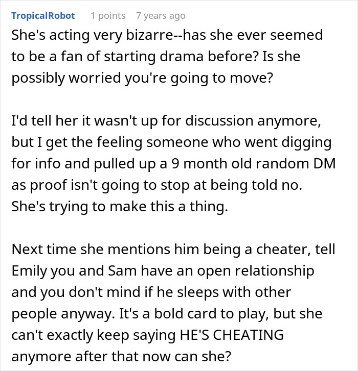 Comment discussing woman fabricating cheating evidence to convince friend to dump boyfriend, warning about the plan backfiring.