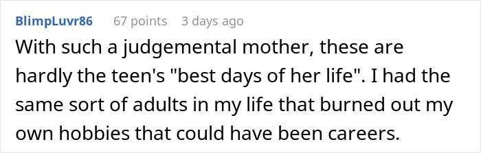 Screenshot of an online comment discussing a mother’s resentment toward her daughter’s hobby of building tiny cottages instead of cheerleading. Screenshot of an online comment discussing a mother’s resentment toward her daughter’s hobby of building tiny cottages instead of cheerleading.