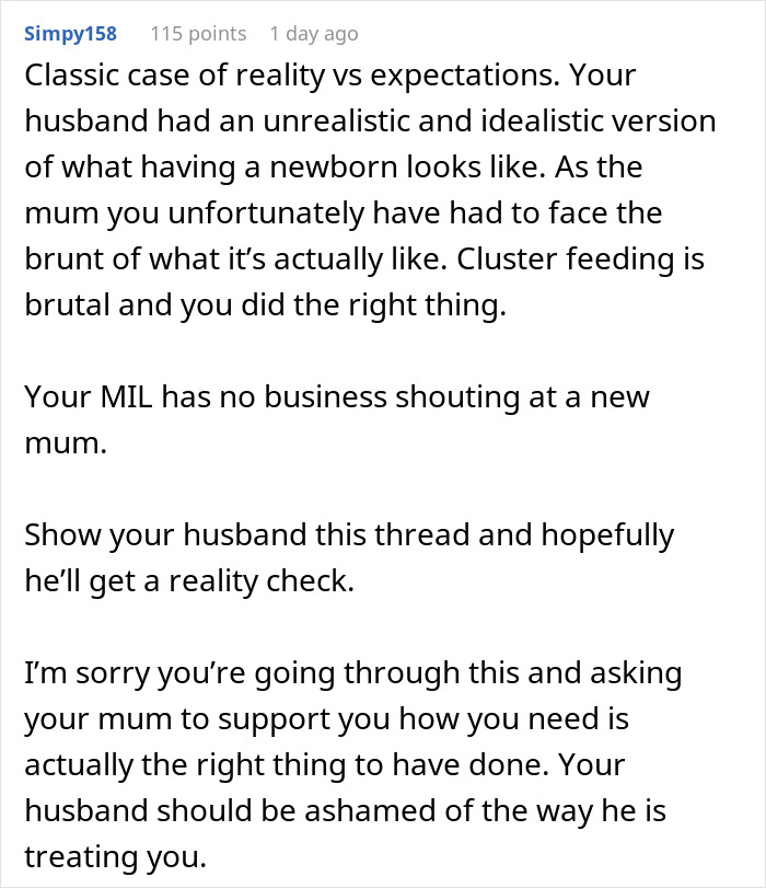 Comment discussing challenges faced by a new mom with unsupportive husband and in-laws during newborn care.