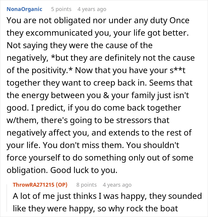 Online comment discussing family forgiveness and complex emotions after a violent incident from five years ago.