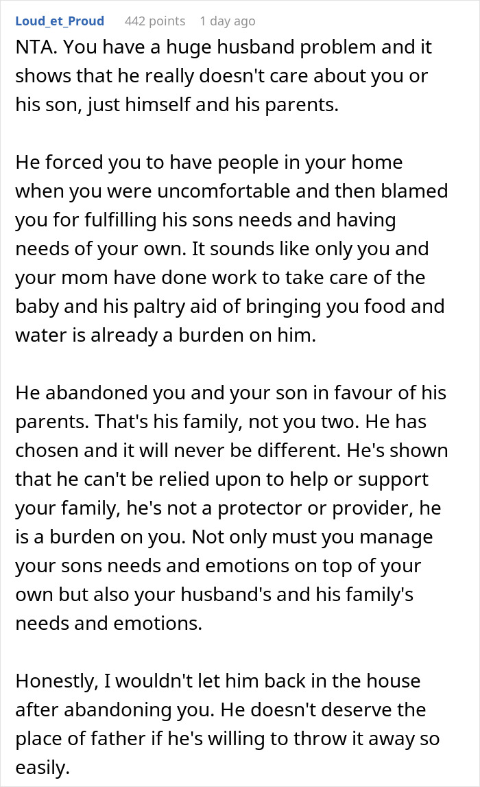 Comment text from user Loud_et_Proud criticizing husband and in-laws for not helping baby, discussing new mom kicks out husband inlaws not helping baby.