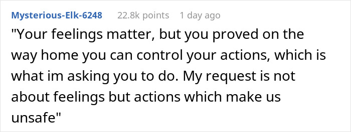 Comment discussing a husband banning wife from the front seat after her anxiety meltdown puts them at risk.