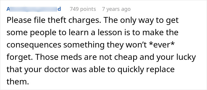 Screenshot of a comment discussing filing theft charges and the impact on someone suffering from cancer.